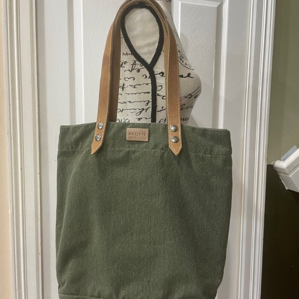 MILITARY GREEN CANVAS LEATHER TOTE BAG NETJETS BRAND - Picture 13 of 16